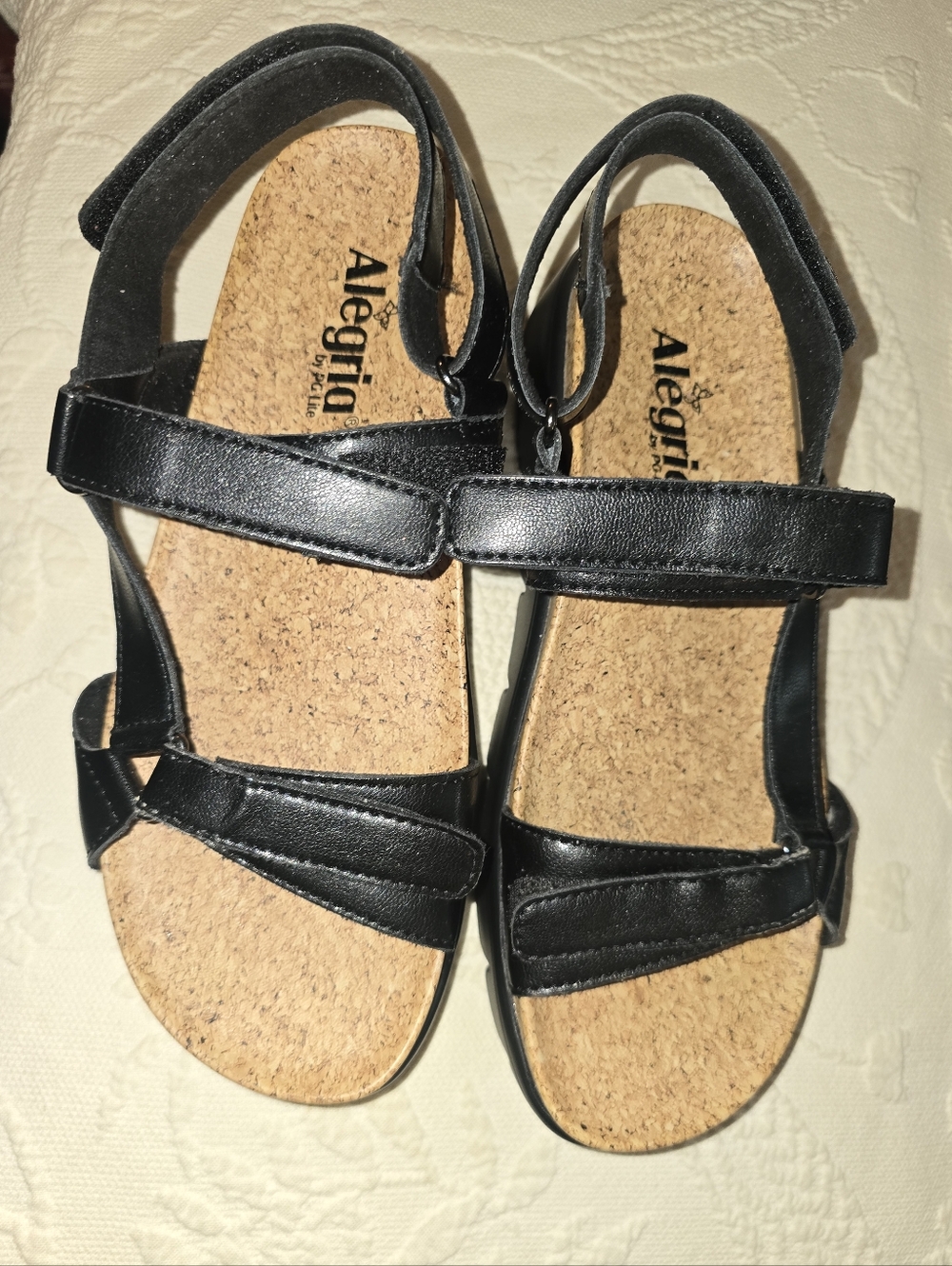 Alegria Wedge Sandals, sz 39 • Leather Black Hook & Loop